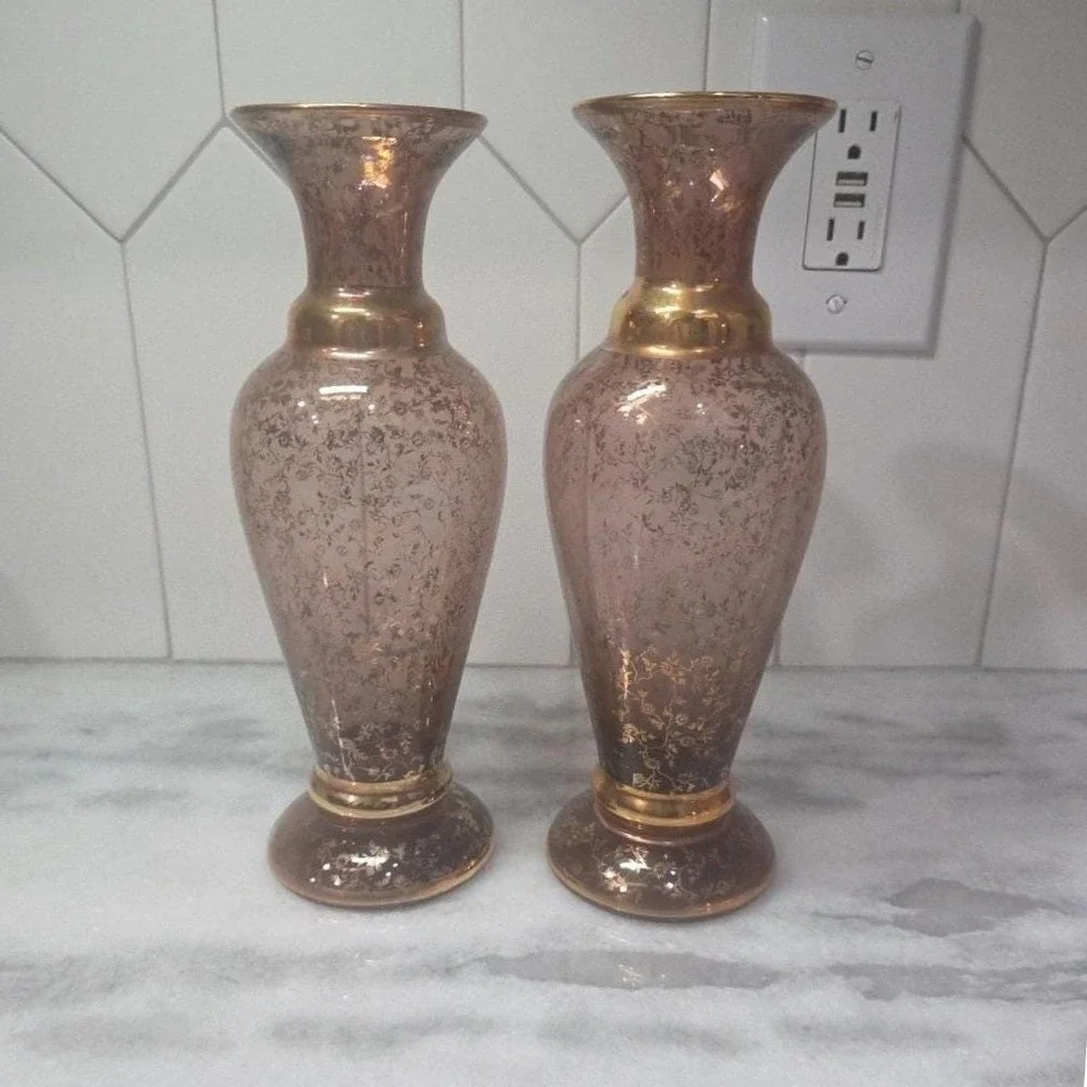 Vecchia Murano Cranberry Gold Vases, Set of 2, Vintage Signed Italian Art Glass‎